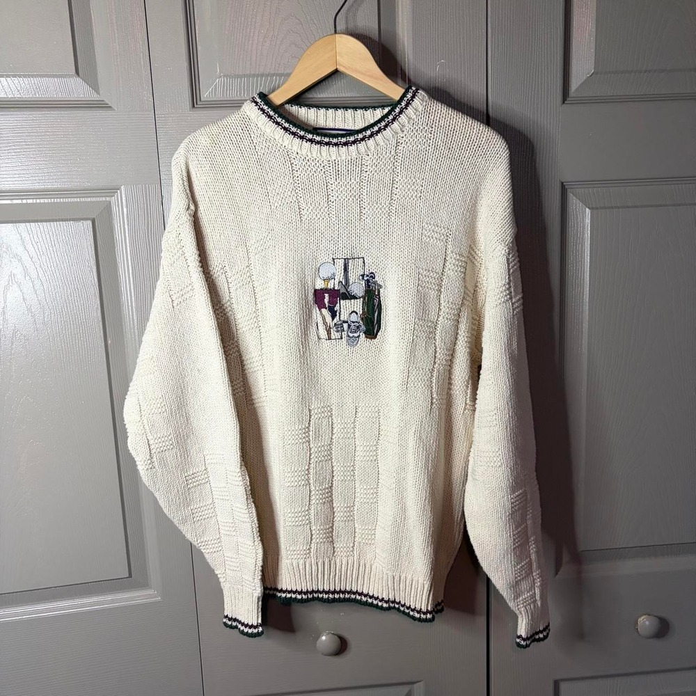 Vintage Shenandoah Golf Sweater Mens Medium Cream Knit Embroidered Made in USA